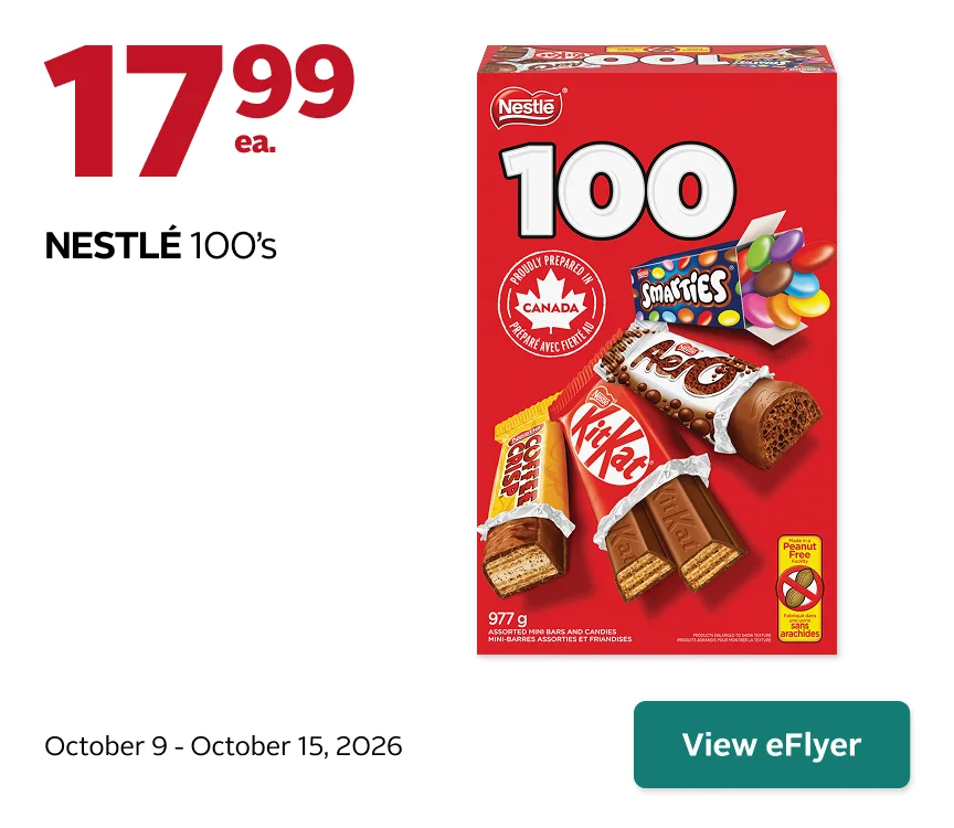 Nestle 100 count on sale for 17.99 from October 9-15, 2026.