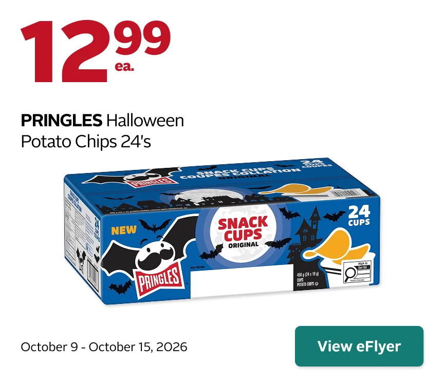 Pringles on sale for 12.99 from October 9-15, 2026.
